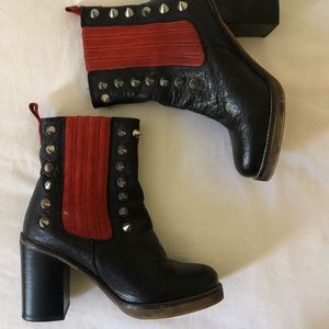 black and red studded heeled boots